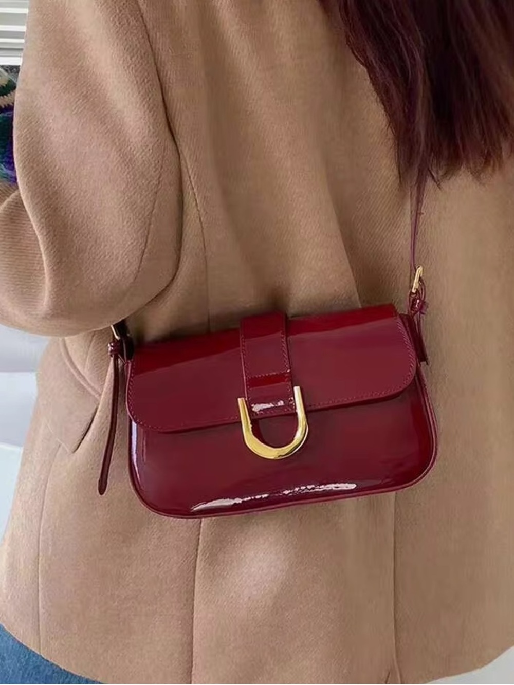 SHEIN Glossy Cherry Red Patent Crossbody with Gold Accent